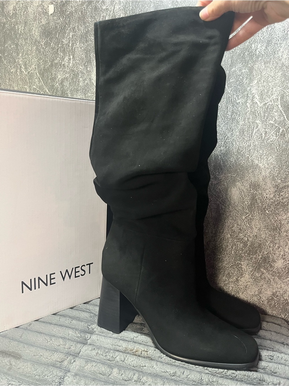 Nine West Black Suede Knee-High Block Heel Boots NIB
